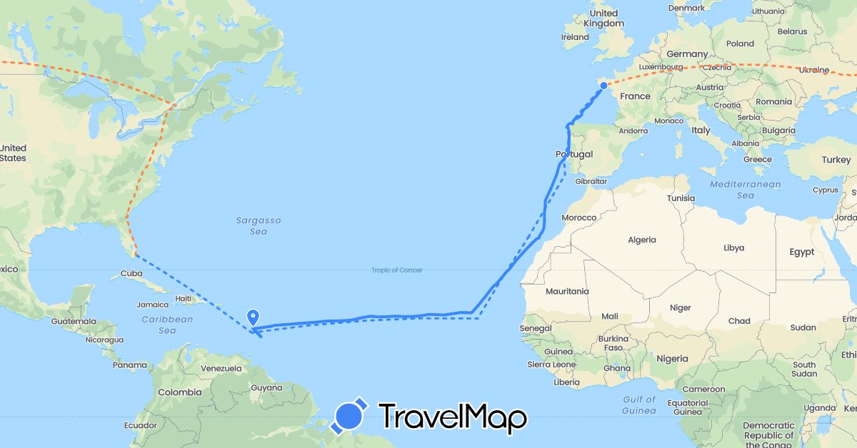 TravelMap itinerary: boat, bateau, vélo in Canada, China, Cape Verde, Spain, France, Kazakhstan, Mongolia, Martinique, Ukraine, United States (Africa, Asia, Europe, North America)